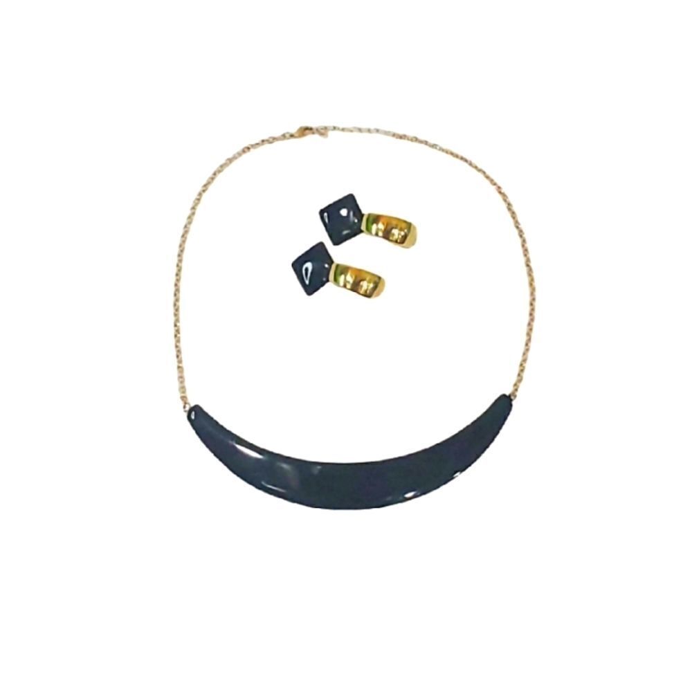 Black Enamel Goldtone Collar Choker Necklace and Earring Set